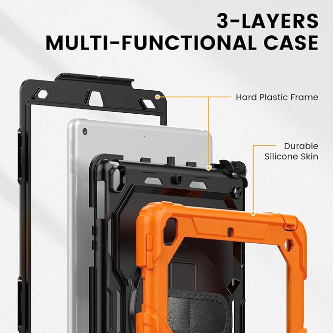 Timecity Case for iPad 9th/ 8th/ 7th Generation 10.2 inch - Heavy Duty Protective Cover with Screen Protector, Rotating Stand, Shoulder Strap & Pencil Holder | Kids-Friendly (Orange)