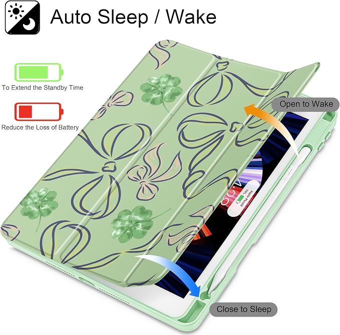 Case for iPad 9th/8th/7th Generation 10.2-Inch (2021/2020/2019 Release) with [Built-in Pencil Holder] Shockproof Cover with Clear Transparent Back Shell &amp Auto Wake/Sleep - Blue Bows