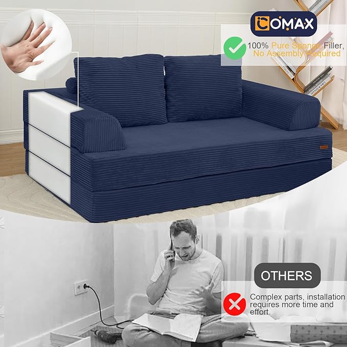 COMAX Convertible Sofa Bed, Folding Floor Couch Corduroy Fold Out Couch Bed Futon Sleeper Mattress with Pillows, Boneless Sofa Comfy Lounge Loveseat for Living Room Bedroom, Navy