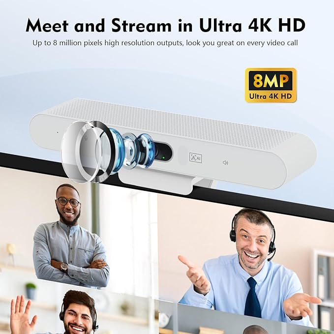 TOALLIN 4K Conference Room Webcam with Mic and Speaker, Ai Auto-Framing & Voice-Tracking, USB Video Bar, All-in-One Video Conference Camera for Online Meetings, Video Calls