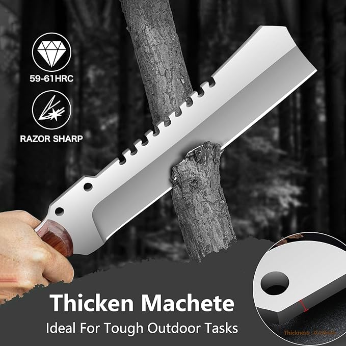 Machete w Sheath for Yard Work, 15'' Full Tang Camping Machete for Cutting Trees Heavy Duty, Survival Machetes, 0.22’’ Thick 5CR15MOV Stainless Steel Blade Spine & Wood Handle, Clearing Brush and Gardening