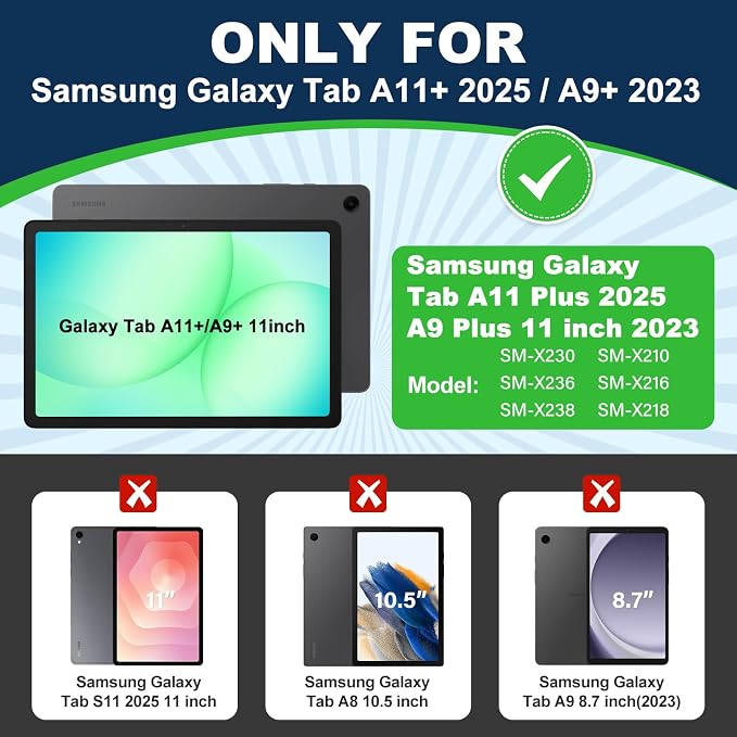 Case for Samsung Galaxy Tab A11 Plus 2025 / A9 Plus 2023 11 Inch Tablet CaseGalaxy Tab A11+/A9+ Case with Screen Protector360°Rotating Stand &amp Shoulder Strap Pencil Holder (Black)