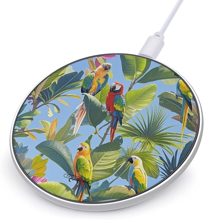 Tropical Plants and Parrots Wireless Charger Fast Charging Pad | Anti-Slip Qi Certified Wireless Charging Pad for All Phones with Wireless Charging Function for Home Office Travel
