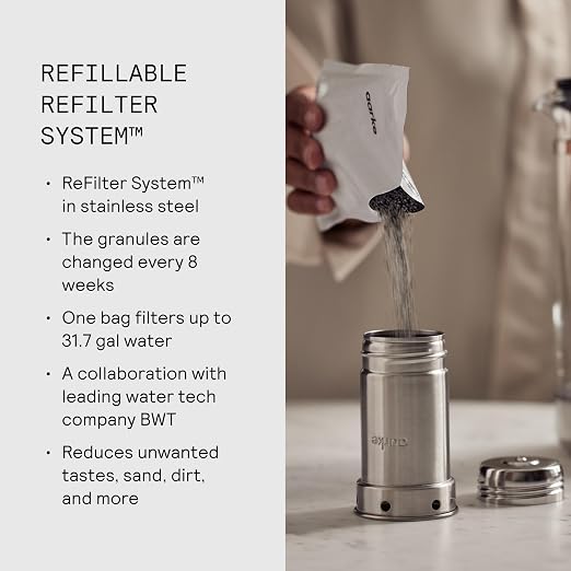 Aarke Purifier Regular 1.18L Glass Pitcher Bundle w/Steel Filter, 4 Pure Refill