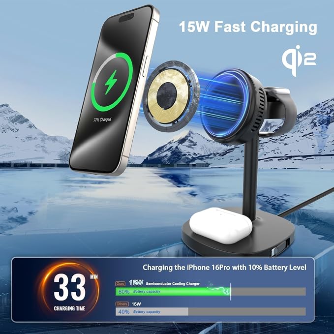 5 in 1 Qi2 Magnetic Wireless Charger Stand with Cooling Fan &amp LED Light Fast Wireless Charging Station for iPhone 17/16/15/14/13/12 AirPods Apple Watch - 65W Adapter &amp Retractable USB-C Cab