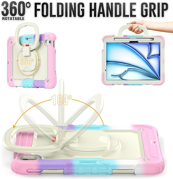 SCSVPN Kids Case for iPad Air 11 Inch M4 2026 / M3 2025 / M2 2024 Heavy Duty Shockproof Silicone Protective Case with Pencil Holder-Screen Protector-Rotating Stand-Handle-Shoulder Strap (Blue+Red)