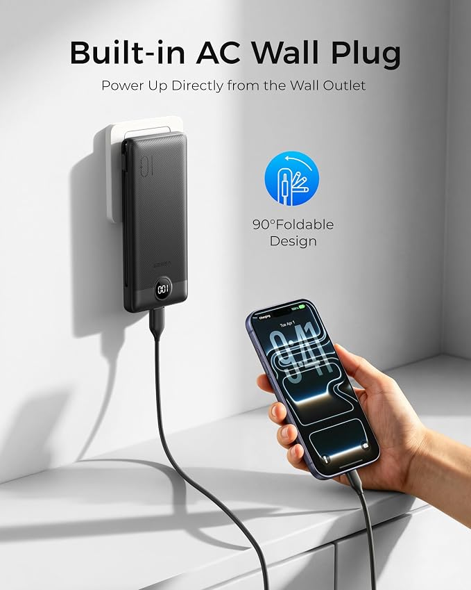 VEGER Portable Charger for iPhone Power Bank Built in Cable and Wall Plug | 10000mAhUltra Slim&ampCompact5 OutputsLED DisplayFlight-SafeTravel Essentials Battery Pack for iPhone 17iPad Samsun