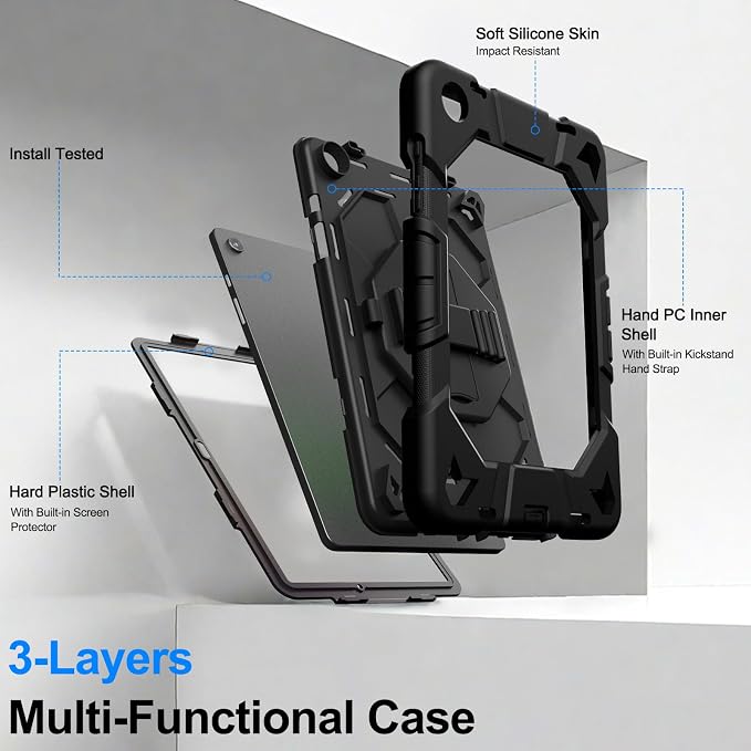 Heavy Duty Shockproof Case for Samsung Galaxy Tab A9+ Plus 11 2023 (SM-X210/X216/X218) [Dual Front Frame] with/No Screen Protector 360 Rotating Stand Hand &amp Shoulder Strap (Black/Black)