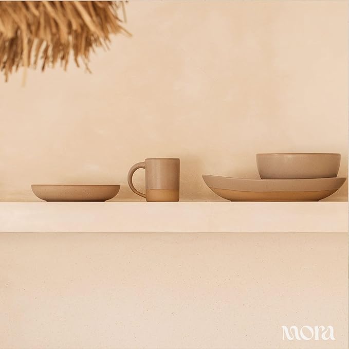 MORA Medium Dishes Set of 4, 30oz Ceramic Pottery Pasta Plate/Wide Bowls - Microwave, Oven and Dishwasher Safe - Mushroom