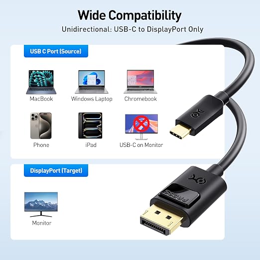Cable Matters Unidirectional USB C to DisplayPort 1.4 Cable 10ft | 8K@60Hz / 4K@240Hz Not for Portable USB C Monitors Thunderbolt 4 to DisplayPort Cable