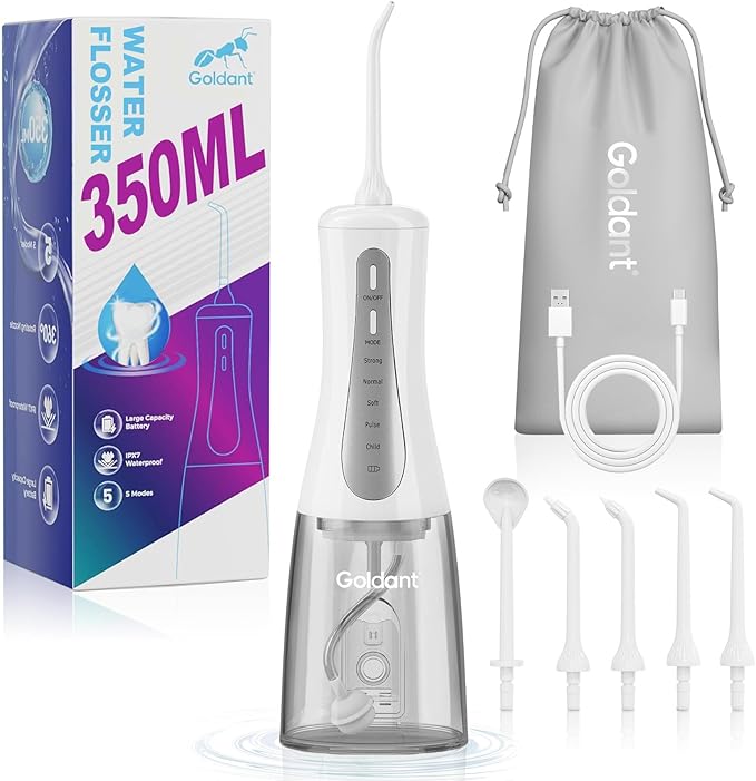 GOLDANT 350ML Water Dental Flosser Teeth Pick with Travel Bag, 5 Modes Portable Cordless Oral Irrigator Cleaner, Electric Rechargeable IPX7 Waterproof for Home Travel Teeth Cleaning flossing (White)