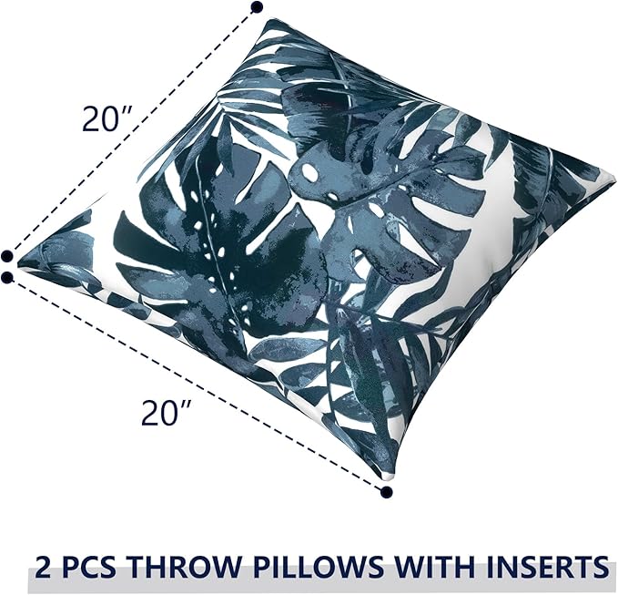 Outdoor Pillows for Patio Furniture 20x20 inch, Square Outdoor Throw Pillows with Inserts, Decorative Patio Pillows for Garden Couch Home Sofa Office Chair, Pack of 2, Palm Blue