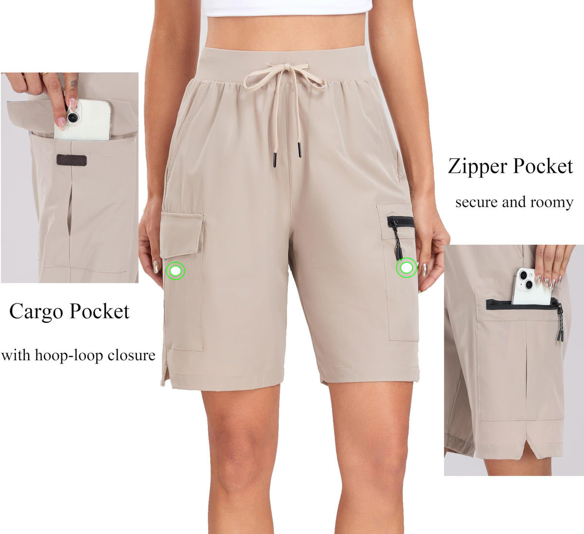 Oalka Women's Hiking Cargo Shorts Lightweight Zipper Pockets Khaki XL