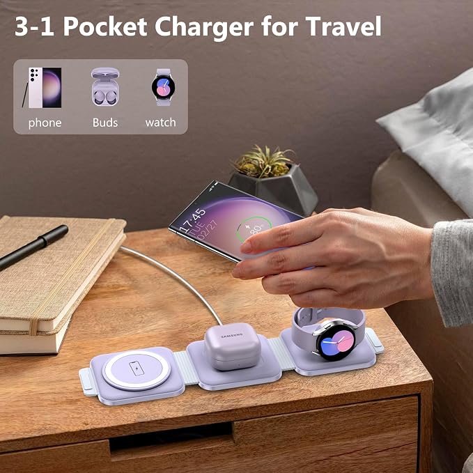 Travel Charger for Samsung Multi Devices Foldable 3 in 1 Wireless Charging Station Fast Charging Stand/Pad Compatible for Samsung Galaxy S26/S25/S24/S23/Note20 GalaxyWatch8/7/6 Galaxy Buds4