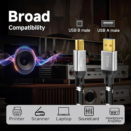 TODN Audiophile USB A to USB B Cable OCC Silver Plated USB Audio Cable HiFi 3.0 USB A to B Cable for DAC Sound Card Digital Piano Mixer Amplifier &amp Printer (9.8FT/3M)