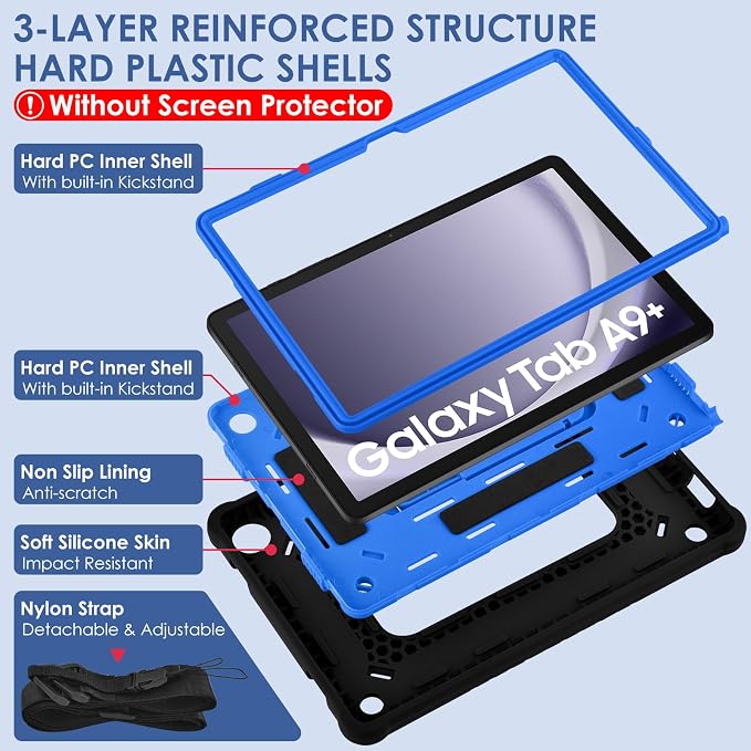 DETUOSI Case for Samsung Galaxy Tab A9+/A9 Plus Case 11 inch 2024/2023 (SM-X210/X216/X218) Heavy Duty Protection Shockproof Rugged Case for Galaxy Tab A9 Plus with Stand and Shoulder Strap