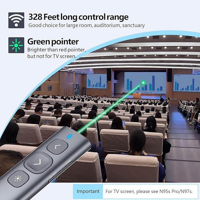 Norwii N95 Bluetooth Presentation Clicker with USB-A Receiver, PowerPoint Clicker for Presentation Remote, Rechargeable Wireless Presenter Pointer, Slide Clicker for PC/Laptop/e-Book(Green, BLE&USB-A)