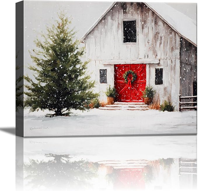 Vintage White Barn & Snowy Tree Winter Landscape Canvas Wall Art - Farmhouse Christmas Framed Canvas Prints, Rustic Christmas Wall Decor for Living Room, Cozy Christmas Gifts & Festive Decorations
