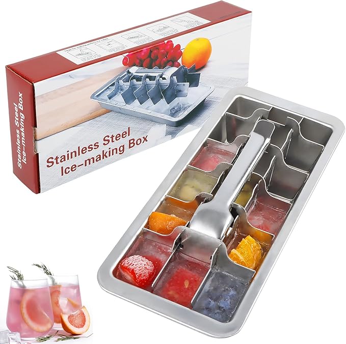 Stainless Steel Ice Cube Tray, Metal Ice Cube Trays for Freezer with Easy Release Lever, 18 Cubes Plastic Free Ice Mold for Whiskey, Cocktails & Drinks, Kitchen & Bar Use