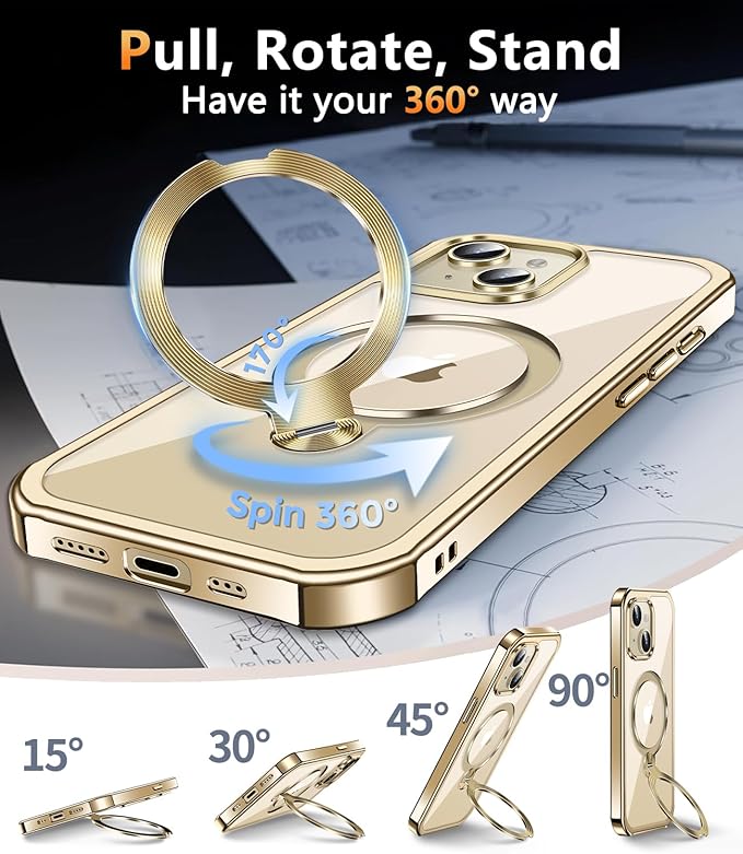 [360° Rotatable CD Stand & Built-in Privacy Screen Magnetic Case for iPhone 14 [Compatible with MagSafe & Full Signal] Mil-Grade Shockproof Full Body Anti-Spy Cover for 14-Gold