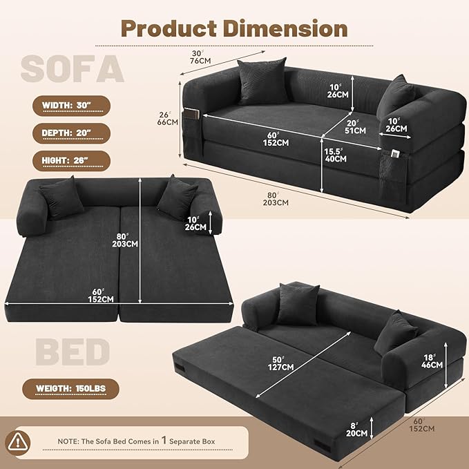 Convertible Folding Sofa Bed,80" Pull Out Couch with Pillows & Storage Pocket,Modular Futon Bed Corduroy Queen Sleeper Sofa in a Box,Compression Boneless Couch for Living Room,Deep Gray