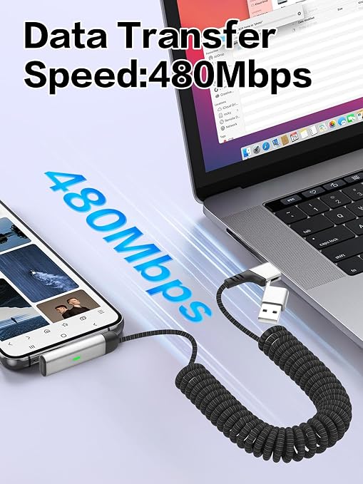 YACSEJAO Coiled USB C Charging Cable with USB A Adapter 2-in-1 Spring Coiled Phone Charger Cord 480Mbps Data Transfer Compatible Tablets Laptops Power Banks and More (Right Angle)