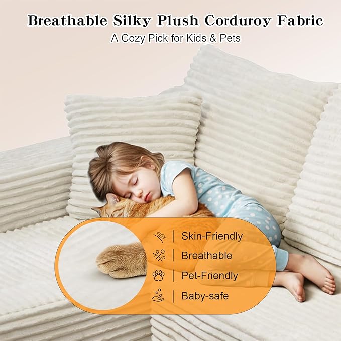 106'' Boneless Couches for Living Room, L Shaped Modular Sectional Sofa with Chaise Lounge, Faux Rabbit Fur & Layered Cushion Deep Seat Cloud Couch, No Assembly (Beige, Left Facing Chaise)