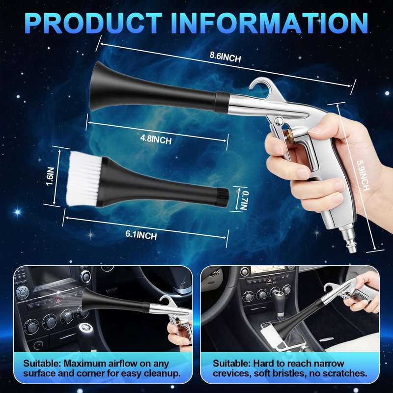 2 Nozzles Air Cleaning Gun, Dry Cleaning Gun Quickly Blasts Dust, Dirt and Grime from Surface, Dryer Air Blow Gun Works with Air Compressor, Car Detailing Tool for Interiors Exteriors Deeply Cleaning