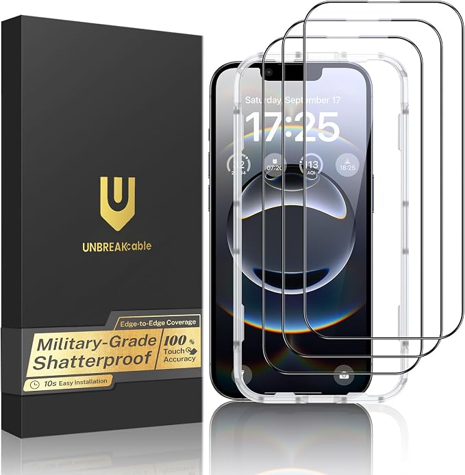 UNBREAKcable 3-Pack Screen Protector for iPhone 15 Double Shatterproof Tempered Glass [Easy Installation Frame] [99.99% HD Clear] [9H Hardness] [Full Coverage] [Case Friendly] for Apple 15 6.1 inch