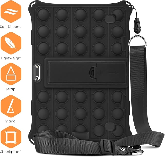 DETUOSI Silicone Case for 10.1 inch Tablet Multi-Angle Case Black | with Shoulder Strap and Stylus Pen Adjustable Stand Built-in Pen Holder Funny Protective Cover for 10.1 inch Tablet