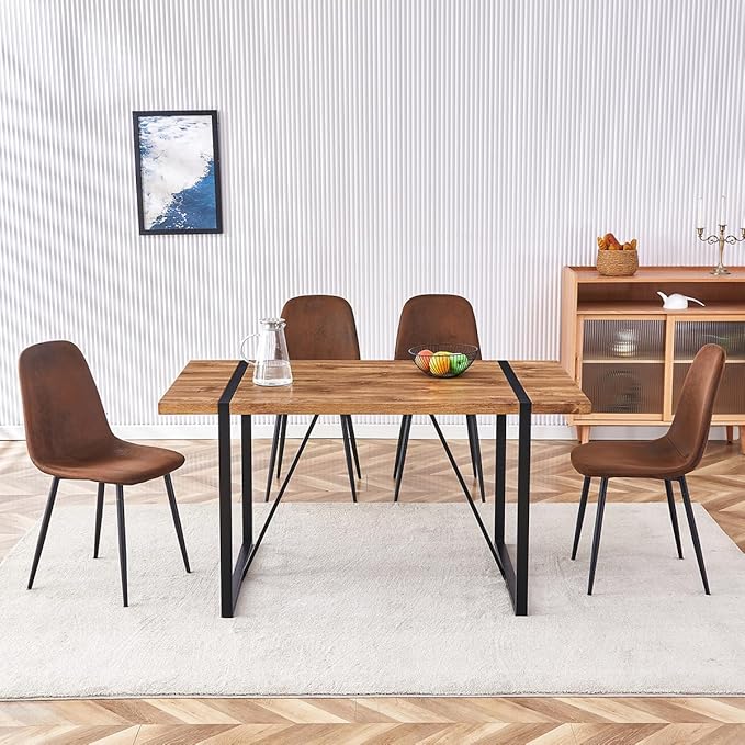 Dining Table Set for 4，Dinner Table Set for 4，55'' Kitchen Table and Suede Nap Fabic Chairs Set of 4, 5 Piece Dining Table Set for Kitchen Dining Room