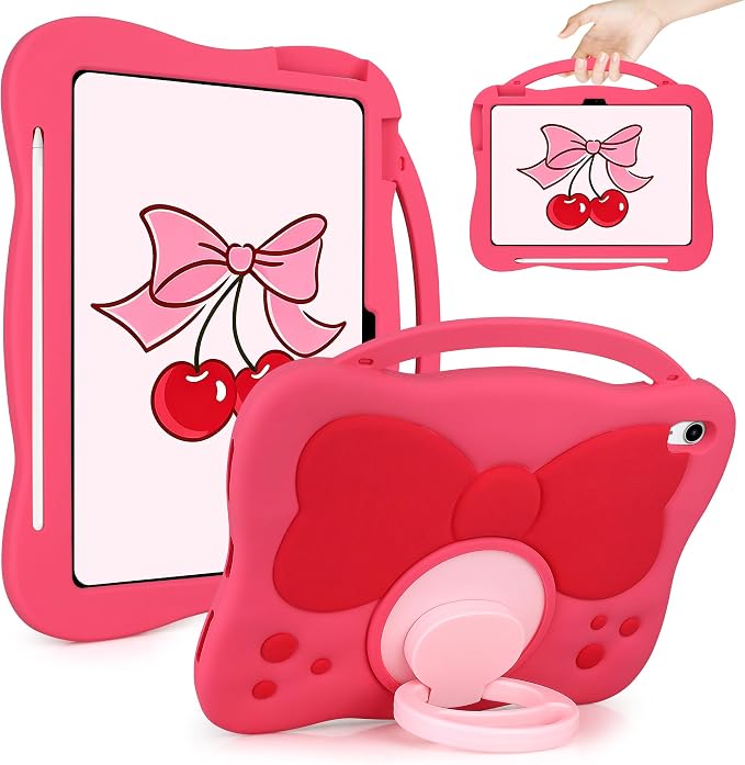 VOFUOE for iPad A16 Case Kids iPad 11th/10th Generation Case 11 Inch 2025 | Cute Bow Soft Silicone iPad 10th Cover 10.9 Inch 2022 for Girls Built-in Handle Rotatable Stand Pencil Holder-Pink Purple