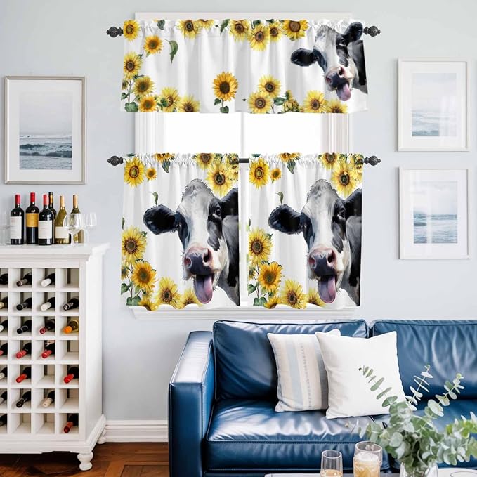 Kitchen Curtains Tiers and Valance Set of 3, Cow Sunflowers Light Filtering