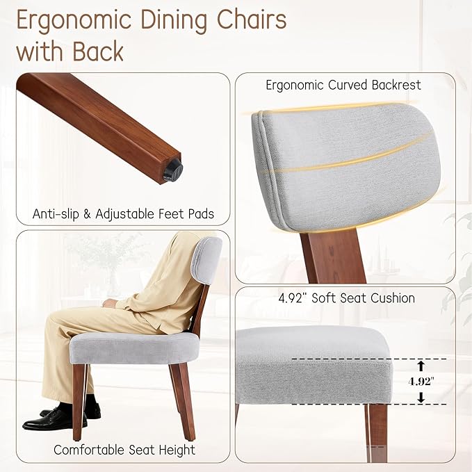 Dining Chairs Set of 3, Mid-Century Modern Upholstered Kitchen Chairs with Curved Backrest and Linen Fabric Seat, Wood Leg Accent Chairs for Dining Room, Living Room, Bedroom, Grey