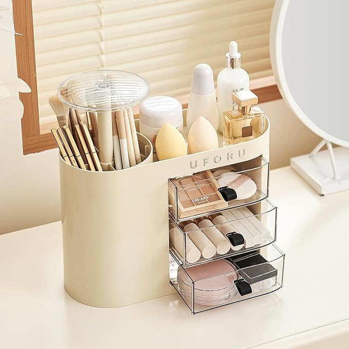 Makeup Organizer with Pop-Up Brush Holder for Dresser Vanity, Plastic Bathroom Counter Organizer with 3 Drawers & Dust-Proof Cover, Cosmetic Display Case for Lipstick, Skincare, Cream White
