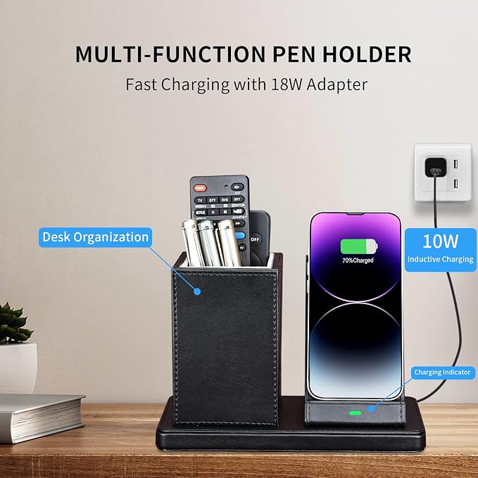 Wireless Charger with Desk Organizer Wireless Charging Station for iPhone 13/13 Pro Max/13 Pro/12 Series/11/XS Max/XR/X/8Plus/SE 2 Wireless Charging Stand with Leather… (Black)