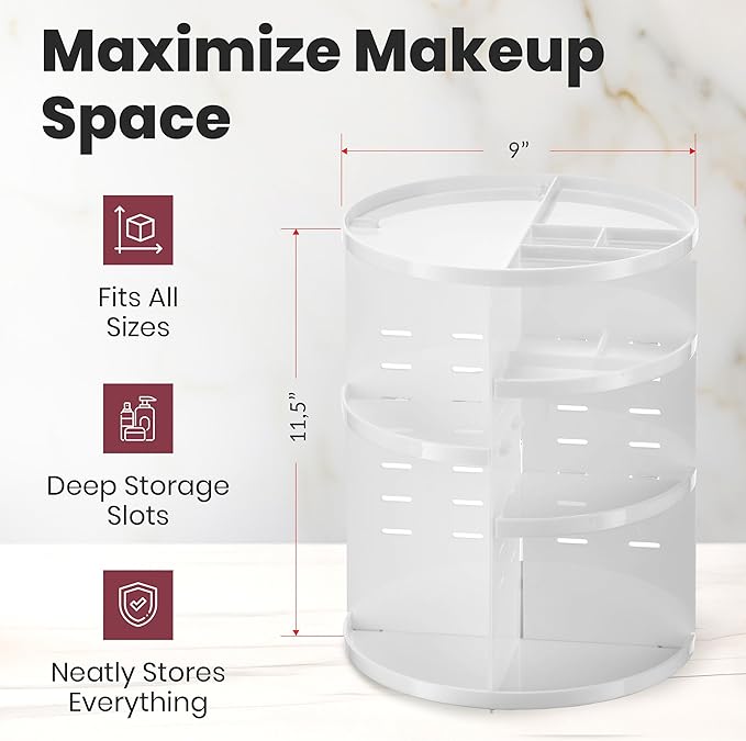 Masirs 360 Rotating Makeup Organizer - Adjustable Shelf Height and Fully Rotatable. The Perfect Cosmetic Organizer for Bedroom Dresser or Vanity Countertop. (White)