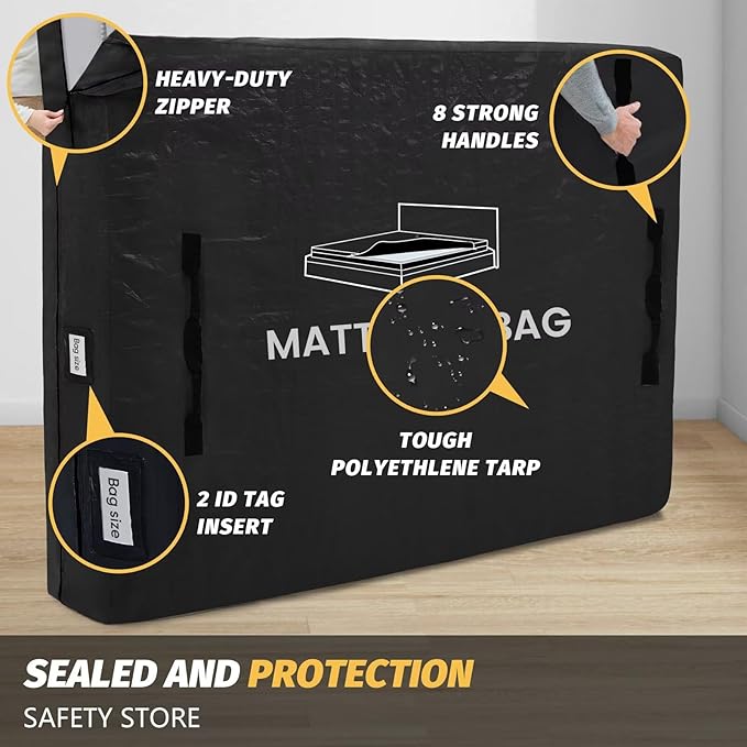 Mattress Bags for Moving and Storage, BETU Waterproof Mattress Protector Mattress Cover California King with 8 Heavy Duty Handles & Zipper Extra Thick Moving Supplies for Bed (86x75x13.5 Black)