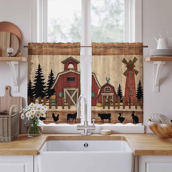 Brown Farmhouse Tier Curtains, Vintage Country Animals Wooden Grain Light