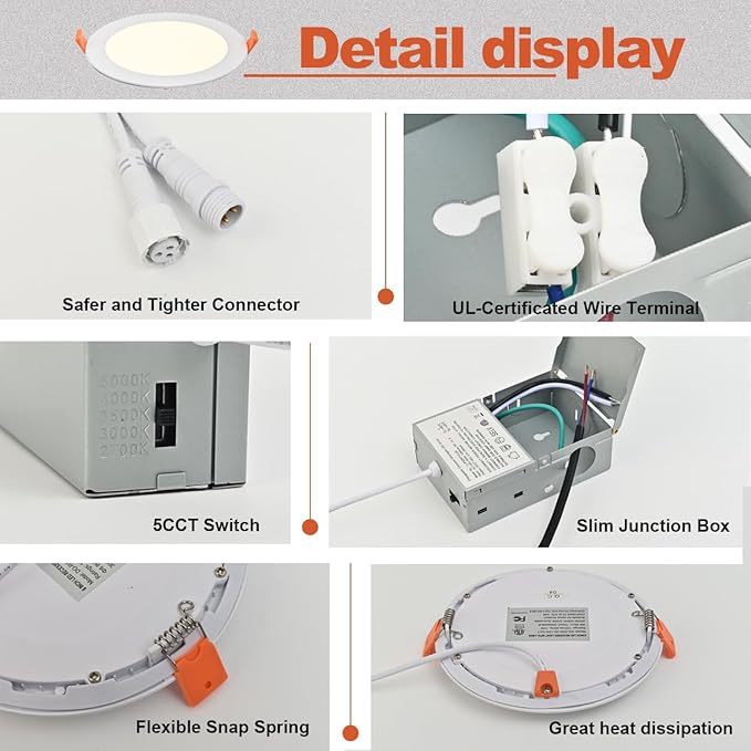 MKUJOO 24 Pack 6 Inch Ultra-Thin LED Recessed Ceiling Light with Junction Box,panel light,Daylight, 13W,2700K/3000K/3500K/4000K/5000K Selectable Dimmable Downlight ETL&FCC&CE and Energy Star Certified