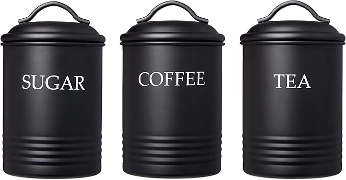 Steelware Central Black Kitchen Canister Set of 3 - Airtight Food Storage Containers with Lids for Sugar, Coffee & Tea, Stainless Steel Countertop Decorative Jar Set