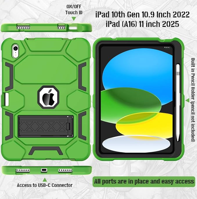 Case for iPad 11 11th Gen (A16) 2025 &amp 10th Gen 2022 10.9 Purple+Green | Kickstand | With Pencil Holder | Drop-Proof Silicone+Hard Shell | Raised Edge Protects Screen&ampCamera | Heavy Duty Pr