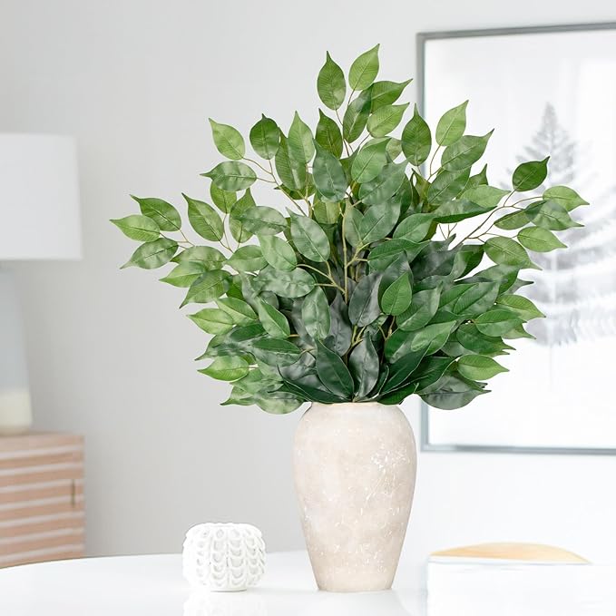 12PCS Ficus Leaves Artificial Branches 24" Faux Ficus Greenery Tree Branches Fake Ficus Leaves Sprays for Tree DIY Arch Wedding Wall Decor - Green