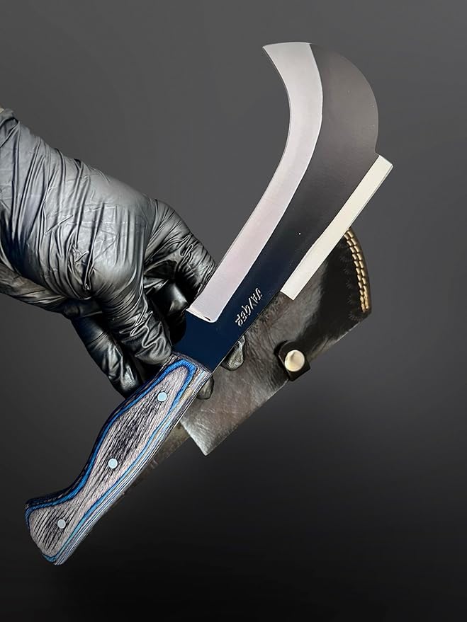 Hand Forged Carbon Steel Machete Billhook Sickle Knife | Yard Work | Tree Cutting | Brush Clearing Garden Tool | Leather Cover with Belt Loop (BHC3)