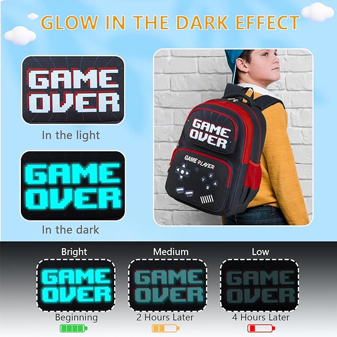 Boys Backpack with Lunch Box Glow in Dark Gamer Bookbag Kids Ages 4-12 Kindergarten Elementary Middle School Gaming Backpack, Luminous Gaming Black
