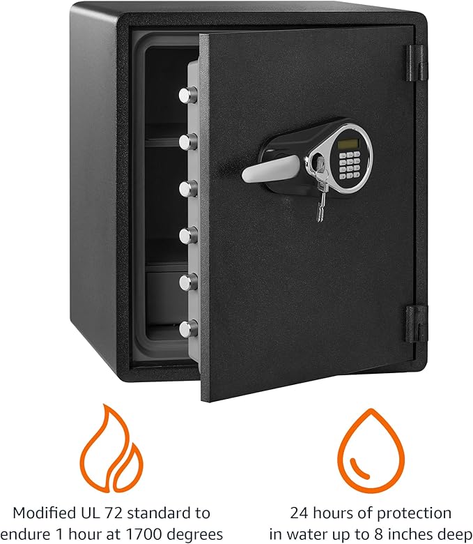 Amazon Basics Fireproof and Waterproof Safe Box with Digital Keypad Electronic Lock, Fire Resistant, Interior Lighting, Removable Shelf, for Home Use, 2.13 Cubic Feet, 24"H x 20.87"W x 19"D, Black