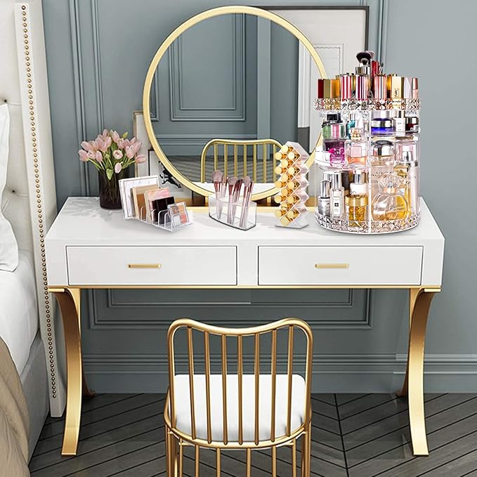 V-HANVER Makeup Organizer Combo - 360° Rotating Makeup Organizer with 7 Adjustable Layers Acrylic Skincare Organizer Large Cosmetic Display Case Clear Perfume Organizer with Makeup Lipstick Holder