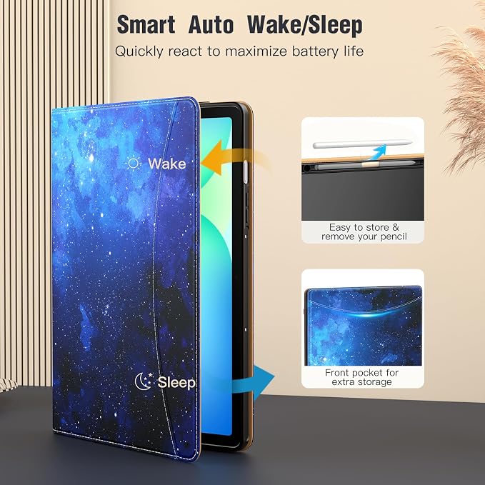MoKo Case for Samsug Galaxy Tab S10 Lite/ S10 FE/ S9 FE/ S9 10.9/11 Inch | Built-in S Pen Holder Case for Samsung Tablet (2025/2023) PU Leather Hand Strap &amp Front Pocket Blue &amp Brown