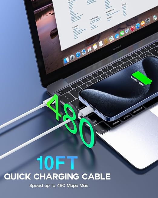 USB C to USB C 240W USB C Cable 2-Pack 10ft C to C Cable Fast Charging for MacBook Pro/MacBook Air iPad Pro/iPad Air iPhone 16 15 Pro Max Plus Samsung GalaxyCompatible 140W/100W/65W/45W/35W/20W