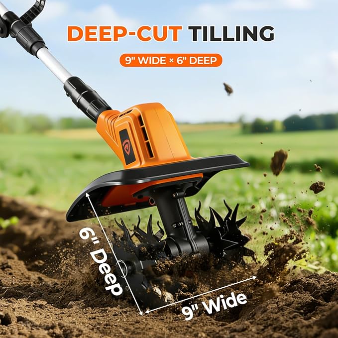 Cordless Electric Tiller Cultivator, 21V Battery Powered Garden Tiller with 2×4.0Ah Batteries, 9″ Tilling Width & 6.6″ Depth, 360RPM 48 Rust-Resistant Blades for Soil & Gardening